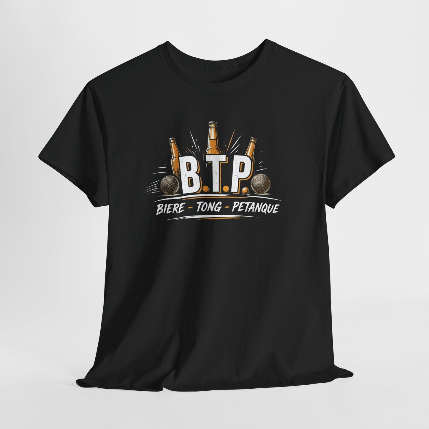T-Shirt BTP Bière Tong Pétanque Homme Femme – Tee Shirt Humour Apéro Pétanque – Cadeau Été Vacances Noir Blanc Gris