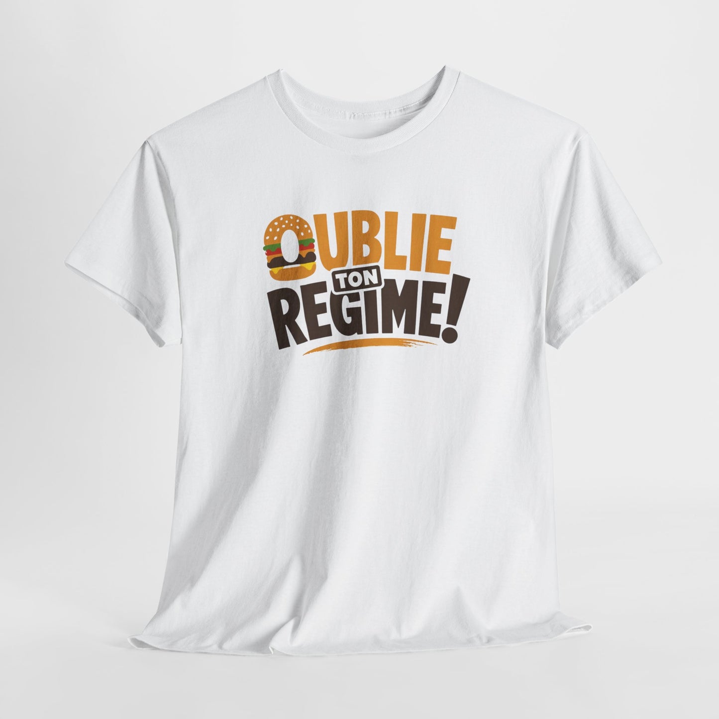 T-Shirt Oublie Ton Régime Homme Femme – Tee Shirt Humour Burger – Cadeau Gourmand Drôle Noir Blanc Gris