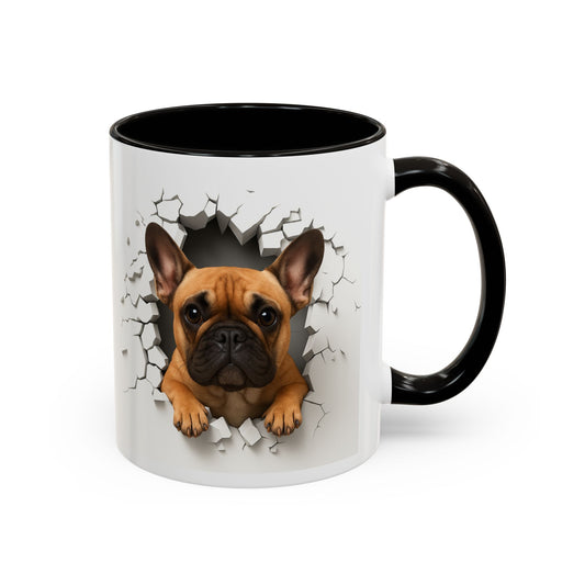 Mug Bouledogue Français Fauve Effet Mur Cassé – Tasse Chien 3D Trompe-l’œil – Cadeau Original Amoureux du Bouledogue Français noir bleu rouge