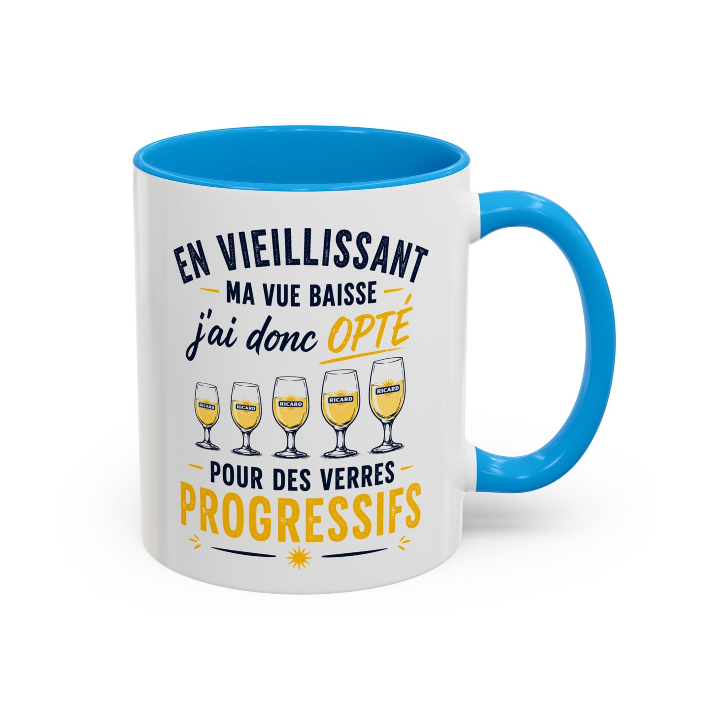 Mug Humour Pastis et Vieillesse – En Vieillissant Ma Vue Baisse J’ai Donc Opté pour des Verres Progressifs – Cadeau Drôle 325ml