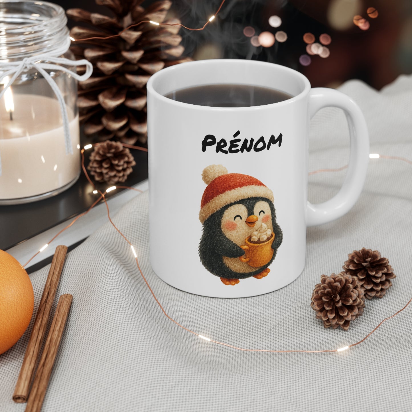 Tasse Personnalisable Pingouin Noël Mignon – Mug Prénom Hiver Festif – Cadeau Cocooning 325 ml