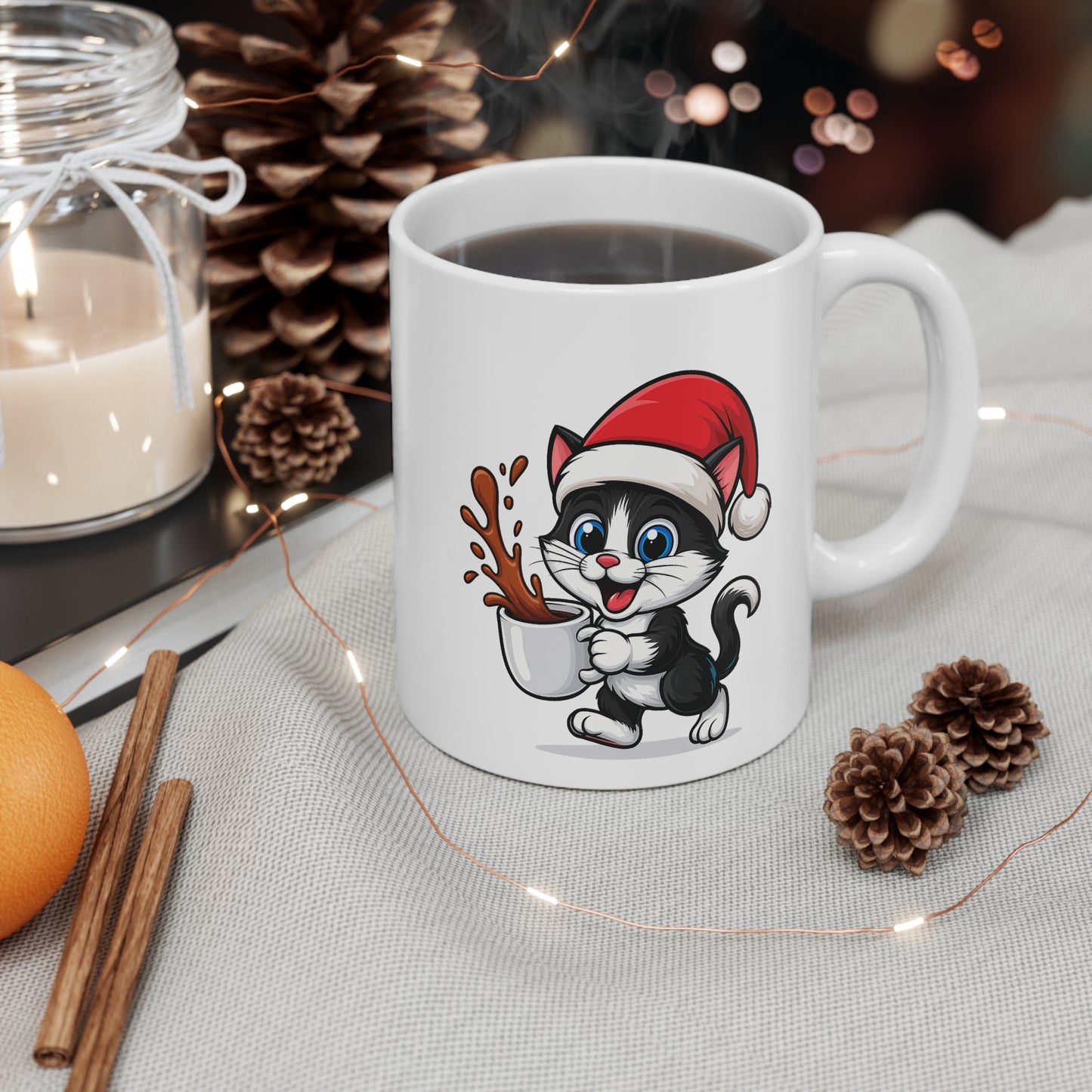 Mug Chat Noël 325ml – Tasse Céramique Mignonne avec Bonnet Rouge – Cadeau Fêtes Original
