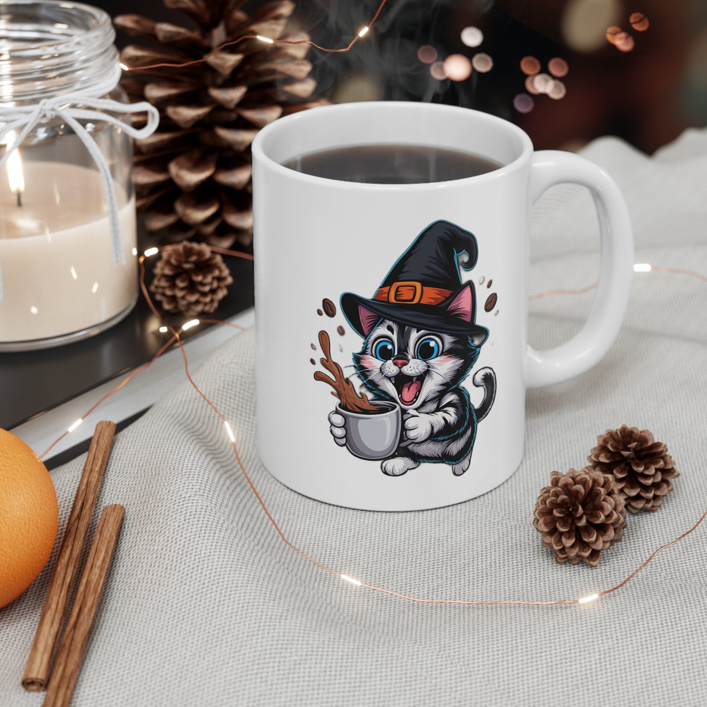 Mug Chat Sorcier Halloween 325ml – Tasse Céramique Chat Noir avec Chapeau et Café – Cadeau Original Fête d’Halloween