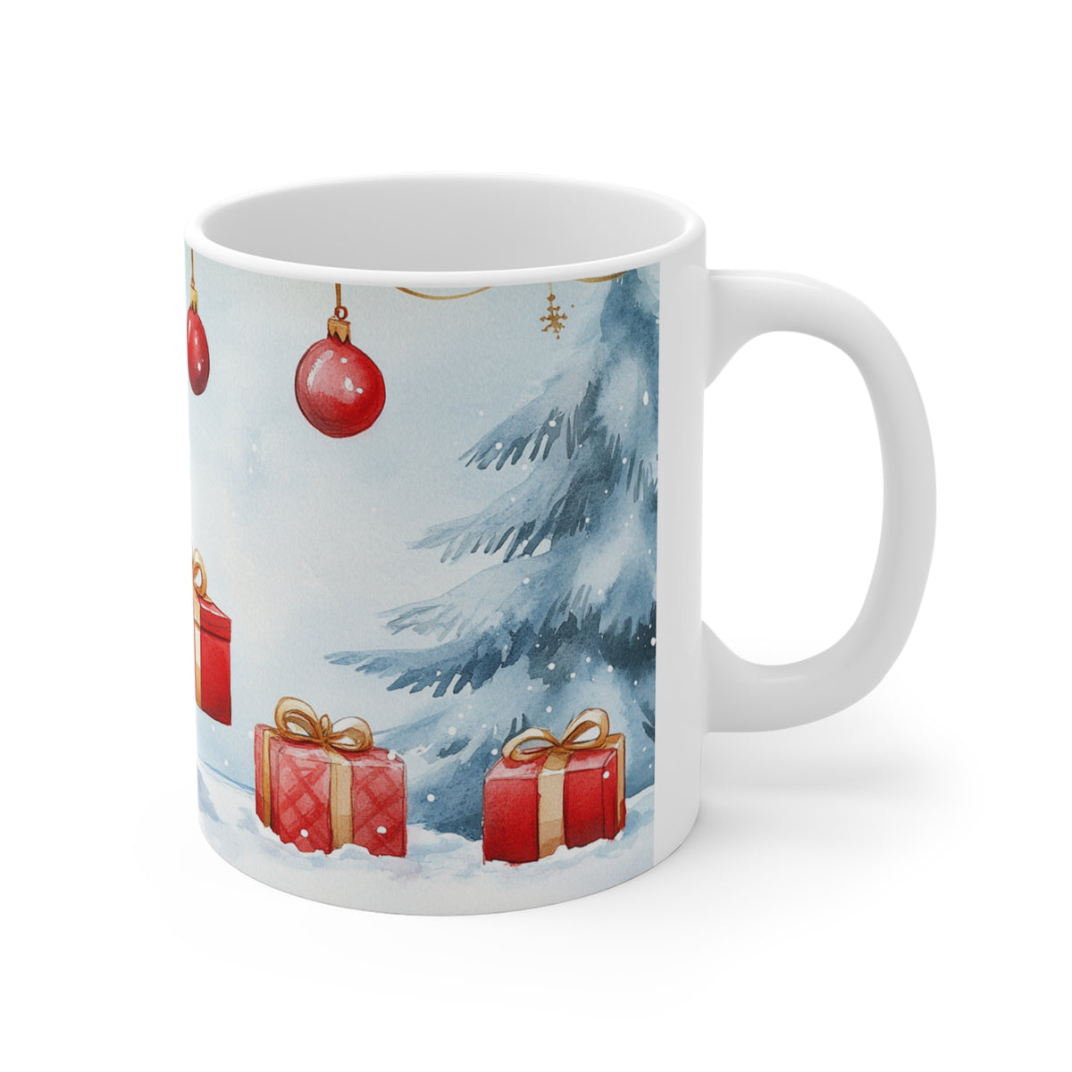 Mug Lapin de Noël avec Cadeaux – Tasse Hiver Sapins Enneigés Style Aquarelle – Cadeau de Noël Homme Femme
