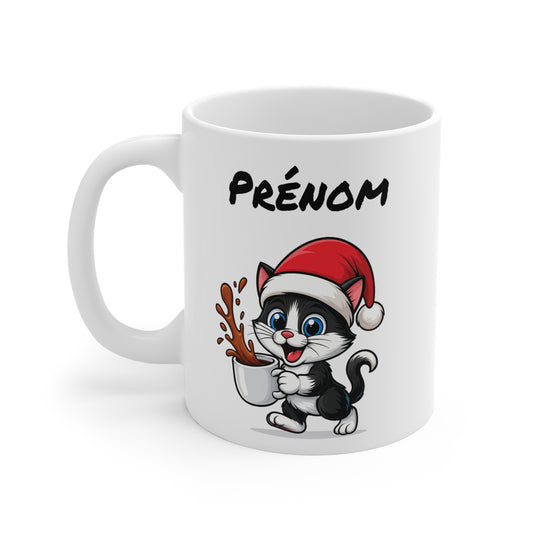 Tasse Personnalisable Chat Noël – Mug Prénom Céramique 325ml – Cadeau Fêtes Mignon Original