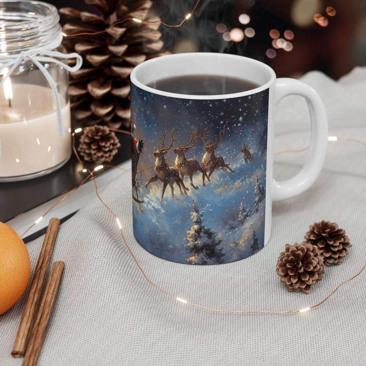 Mug Père Noël en Traîneau avec Rennes – Tasse Noël Paysage Enneigé – Cadeau Original Fêtes de Fin d’Année