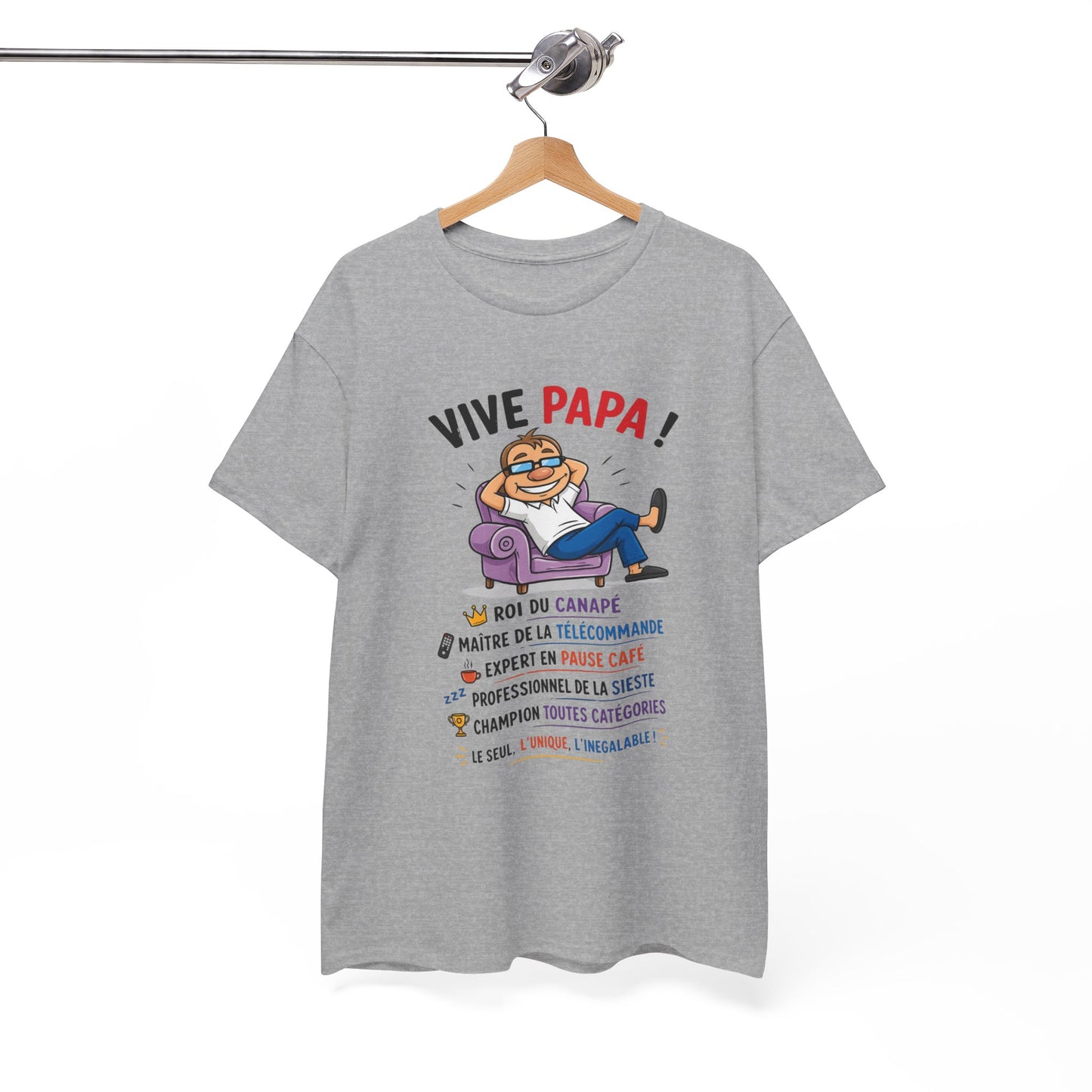 T-Shirt Vive Papa Homme – Tee Shirt Humour Papa Canapé Télécommande – Cadeau Fête des Pères Papa Cool Noir Blanc Gris