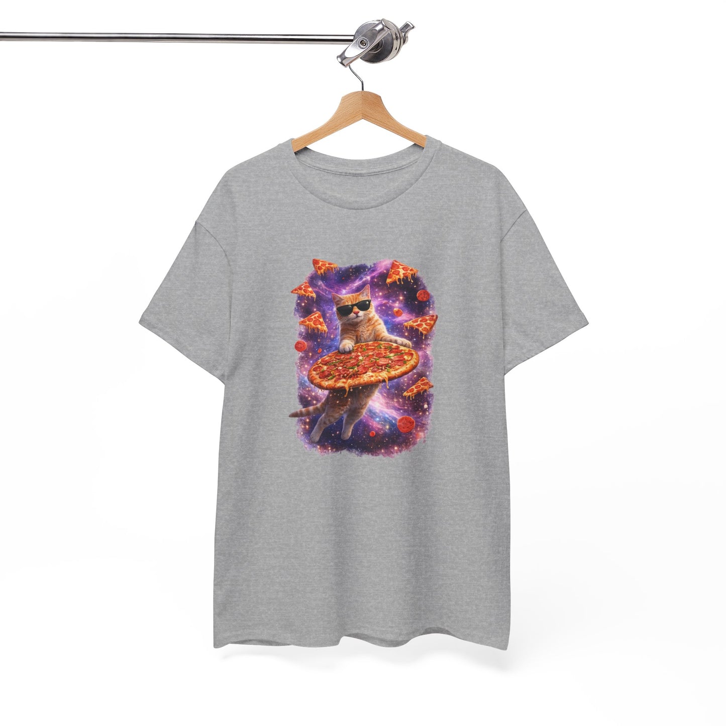 Tee Shirt Chat Pizza Galaxie – Chat drôle lunettes soleil espace – Cadeau humour Blanc Gris Noir