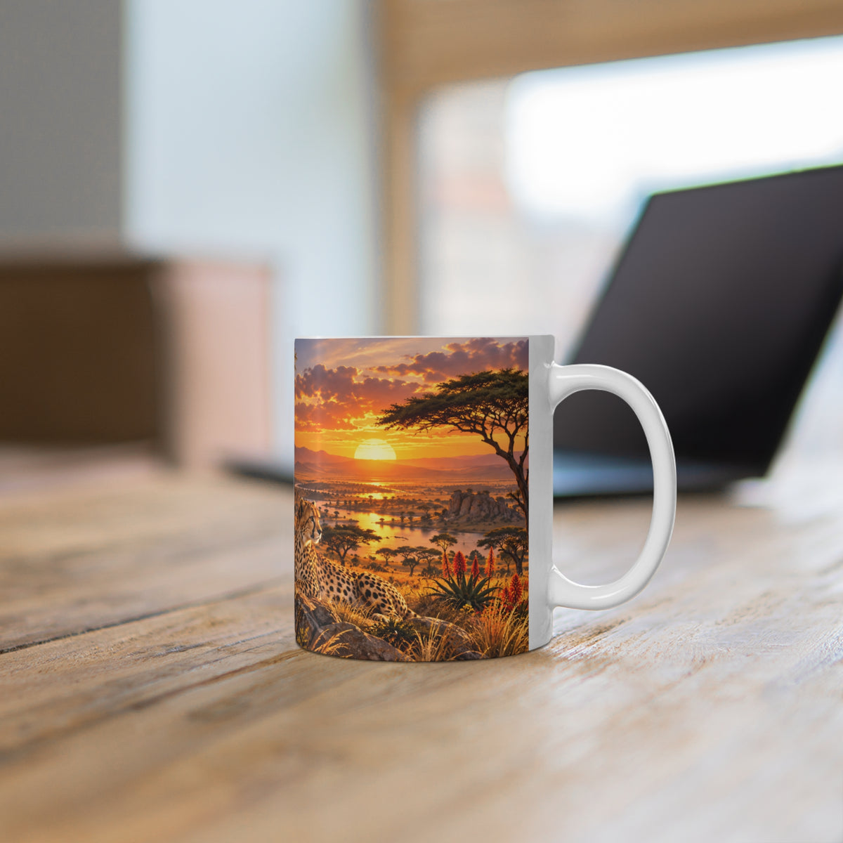 Mug Famille de Guépards dans la Savane – Tasse Animaux Sauvages Afrique avec Coucher de Soleil – Cadeau Original Amoureux des Félins