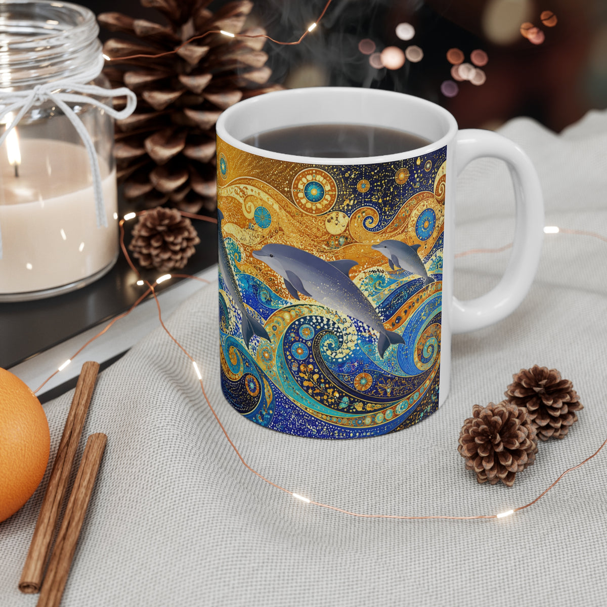 Mug Dauphins dans les Vagues Bleu et Or – Tasse Océan Style Artistique avec Soleil Doré – Cadeau Original Amoureux de la Mer
