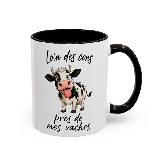 Tasse Humour Vache Cartoon – Loin des Cons Près de Mes Vaches – Mug Drôle Campagne et Ferme 325ml