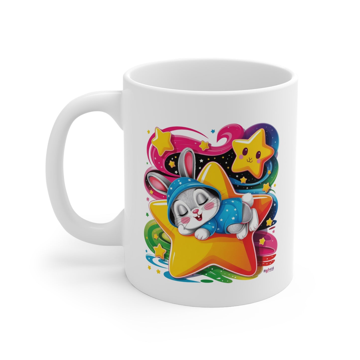 Mug Lapin Kawaii Dormeur sur Étoile – Tasse Arc-en-Ciel Féérique – Design Nuit Magique et Cute – Cadeau Original Enfant et Amoureux du Kawaii – Céramique 325ml