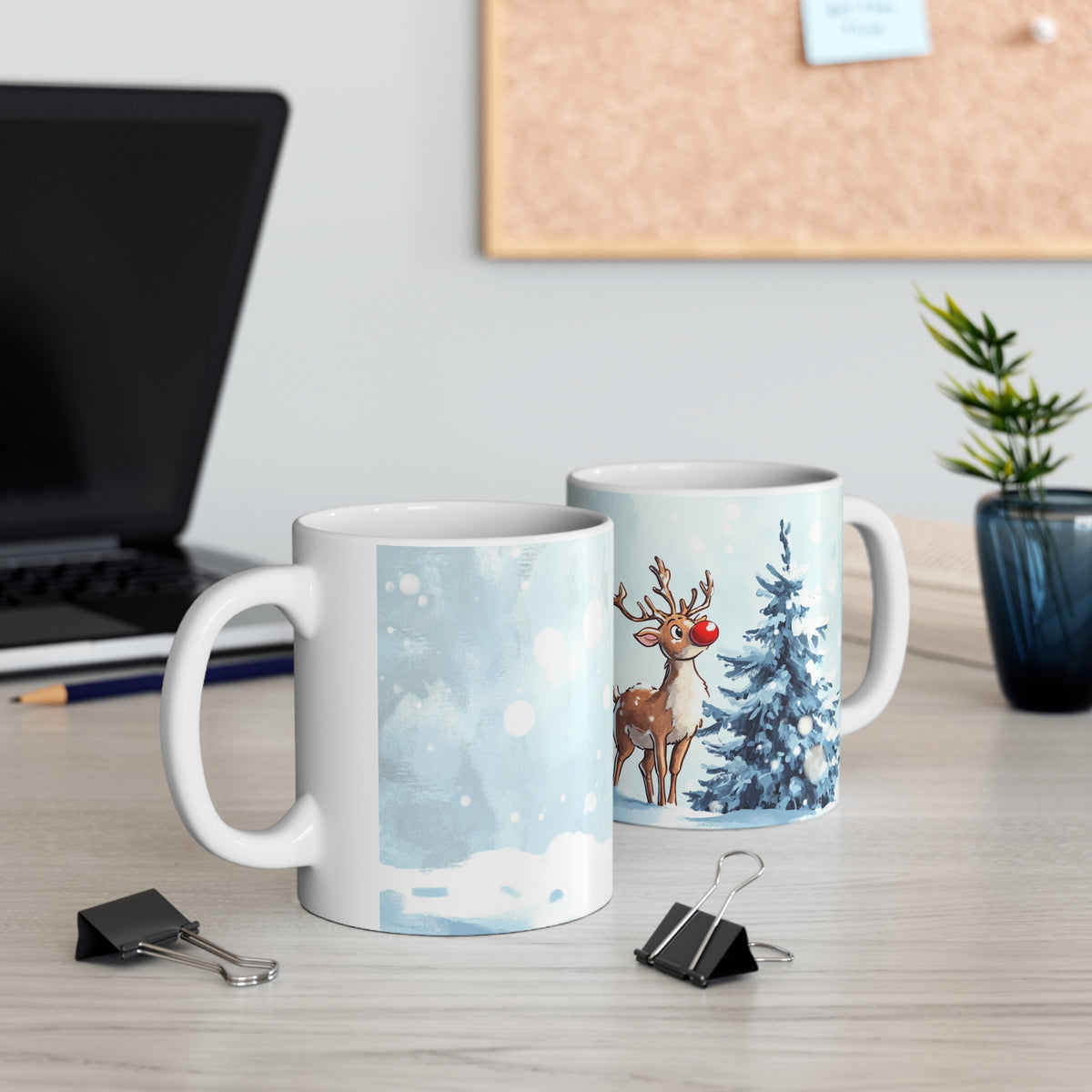 Mug Renne de Noël au Nez Rouge – Tasse Hiver Sapin Enneigé Style Aquarelle – Cadeau Noël Homme Femme