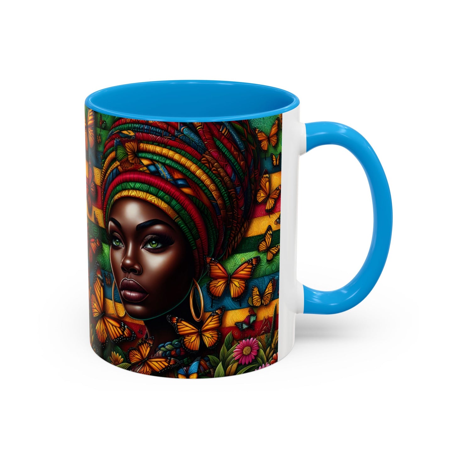 Mug Femme Afro Art Coloré – Tasse Portrait Afro avec Papillons et Motifs Tropicaux – Design Bohème 325ml