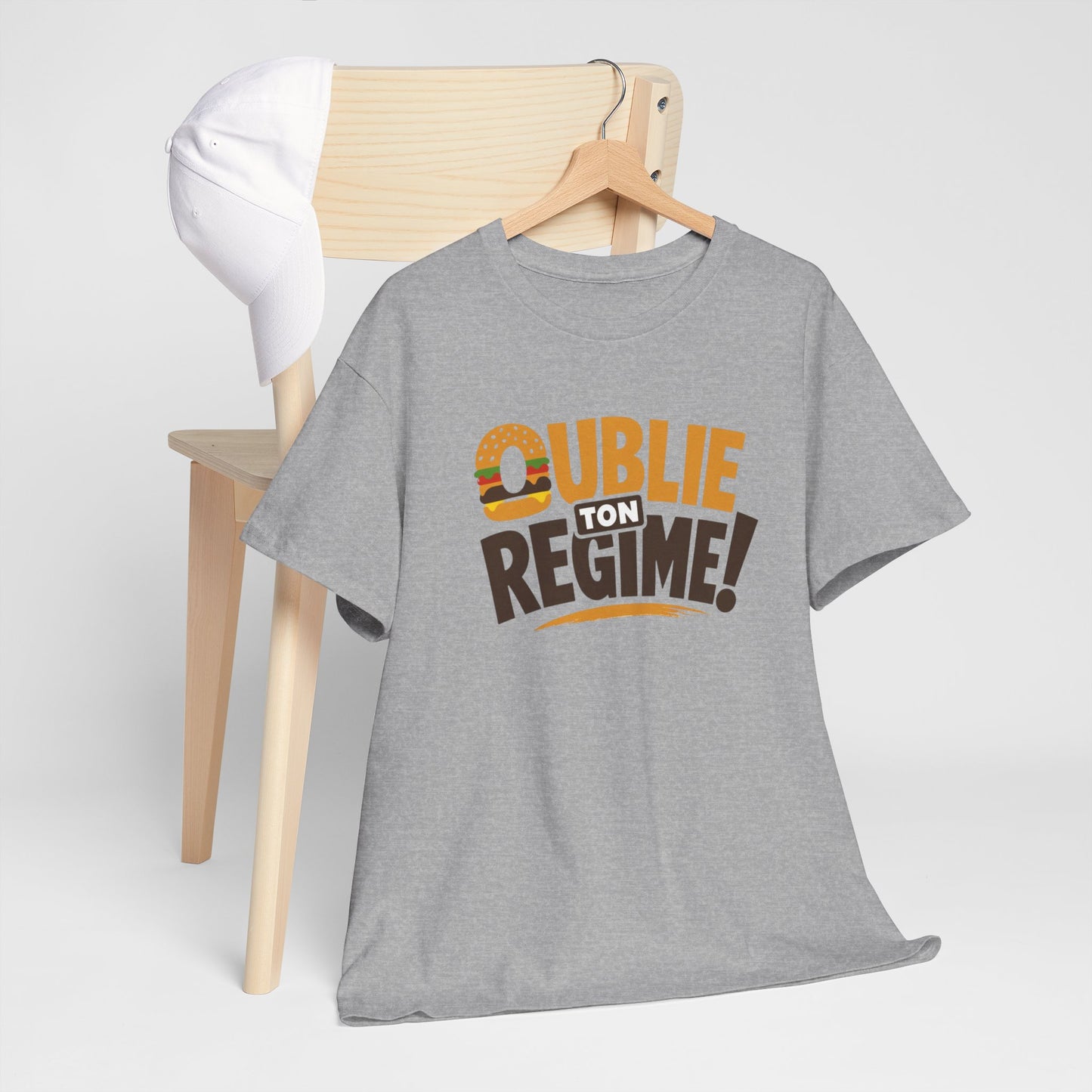 T-Shirt Oublie Ton Régime Homme Femme – Tee Shirt Humour Burger – Cadeau Gourmand Drôle Noir Blanc Gris