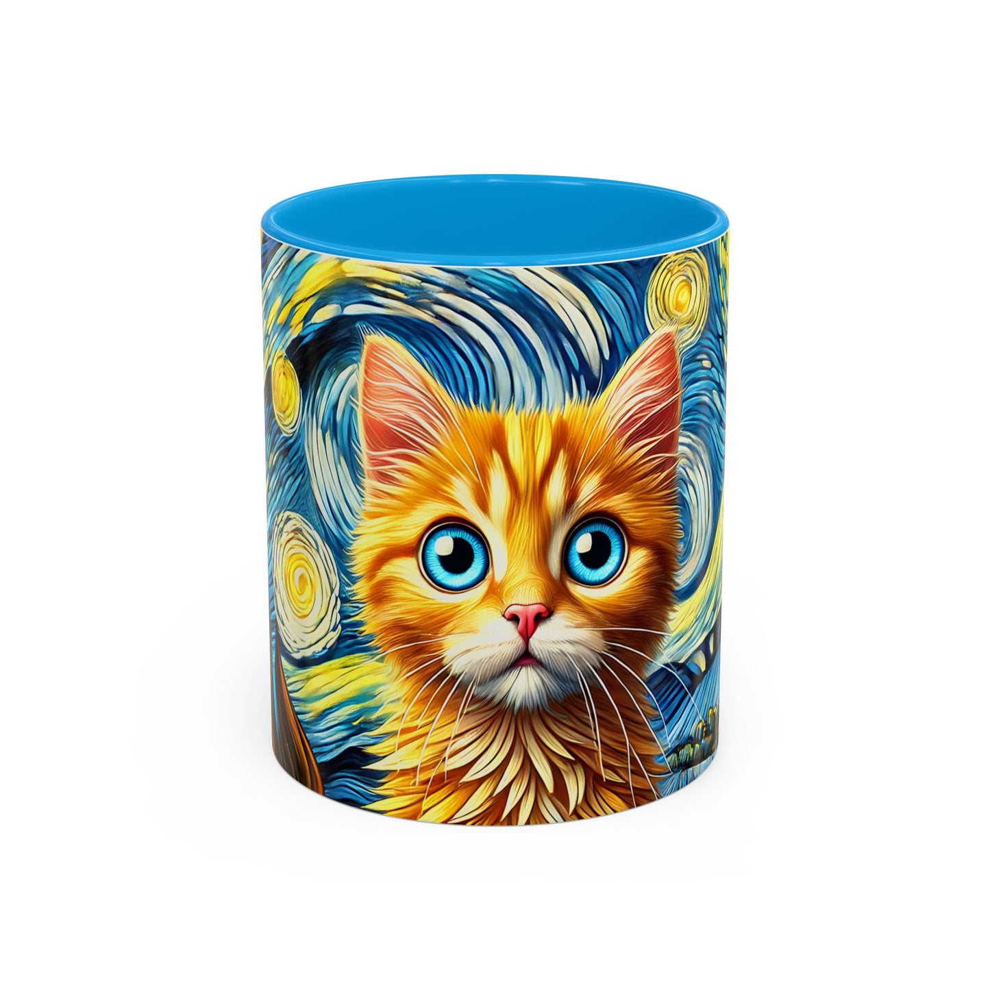 Mug Chaton Style Van Gogh – Tasse Artistique Nuit Étoilée avec Chat Orange aux Yeux Bleus – Cadeau Amoureux des Chats 325ml