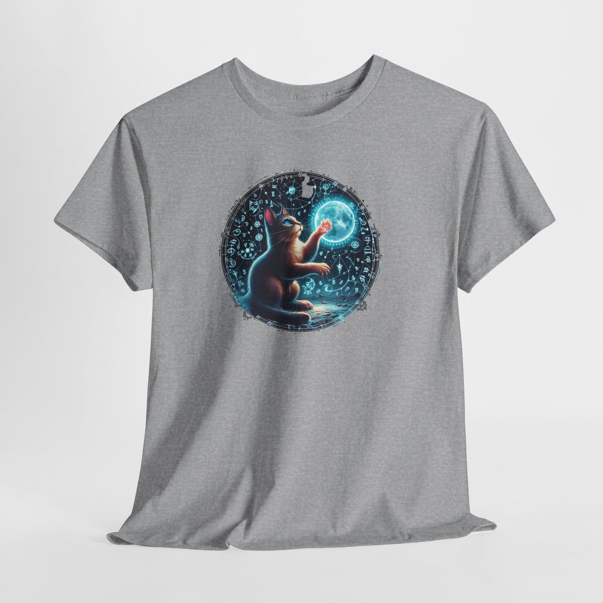 Tee Shirt Chat Mystique Homme Femme – T-Shirt Chat Lune Magique – Univers Astral Ésotérique – Design Fantastique Bleu