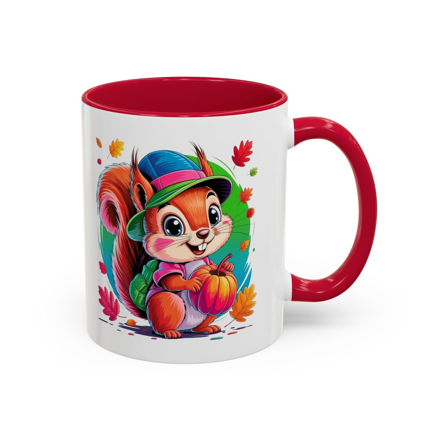 Mug Écureuil Mignon Automne – Tasse Animal Citrouille Feuilles Colorées – Cadeau Original Enfant Adulte – Céramique 325ml Noir Bleu Rouge