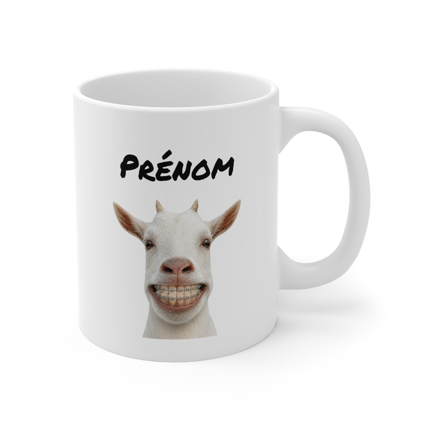 Mug Personnalisable Chèvre Drôle avec Appareil Dentaire – Tasse avec Prénom ou Texte – Cadeau Original Humour Homme Femme 325 ml