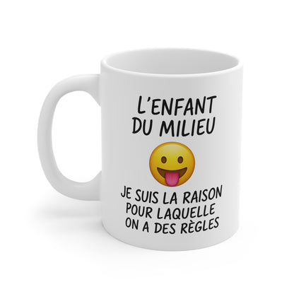 Tasse Céramique 325ml “L’Enfant du Milieu” – Mug Humour Famille Frères Sœurs – Cadeau Drôle