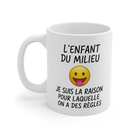 Tasse Céramique 325ml “L’Enfant du Milieu” – Mug Humour Famille Frères Sœurs – Cadeau Drôle