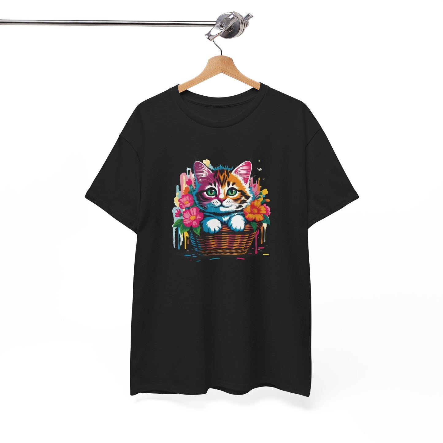 T-Shirt Chaton Mignon Adulte – Chat avec Fleurs Colorées – Tee Shirt Animal Cute Panier Noir Blanc Gris Cadeau