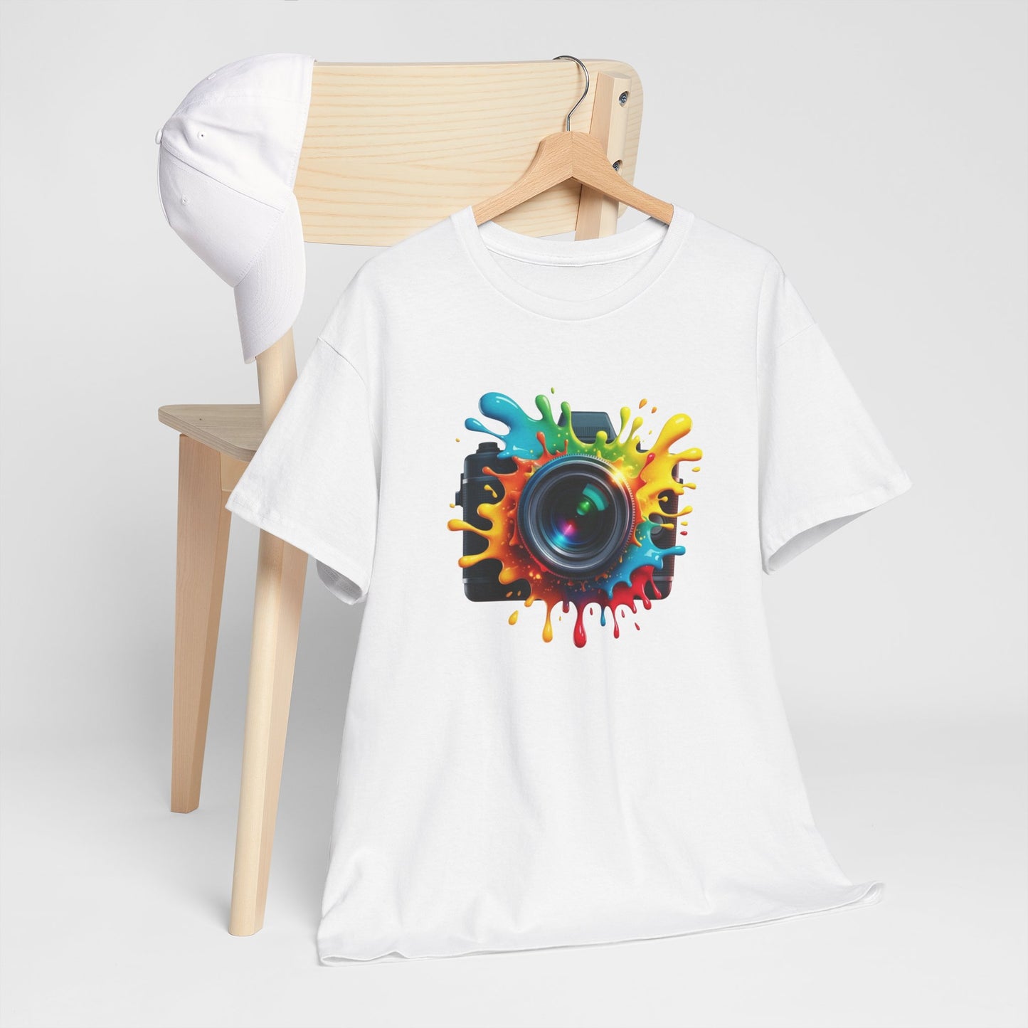 T-Shirt Photographie Appareil Photo Coloré – Tee Shirt Camera Splash Art – Cadeau Photographe Original Noir Blanc Gris