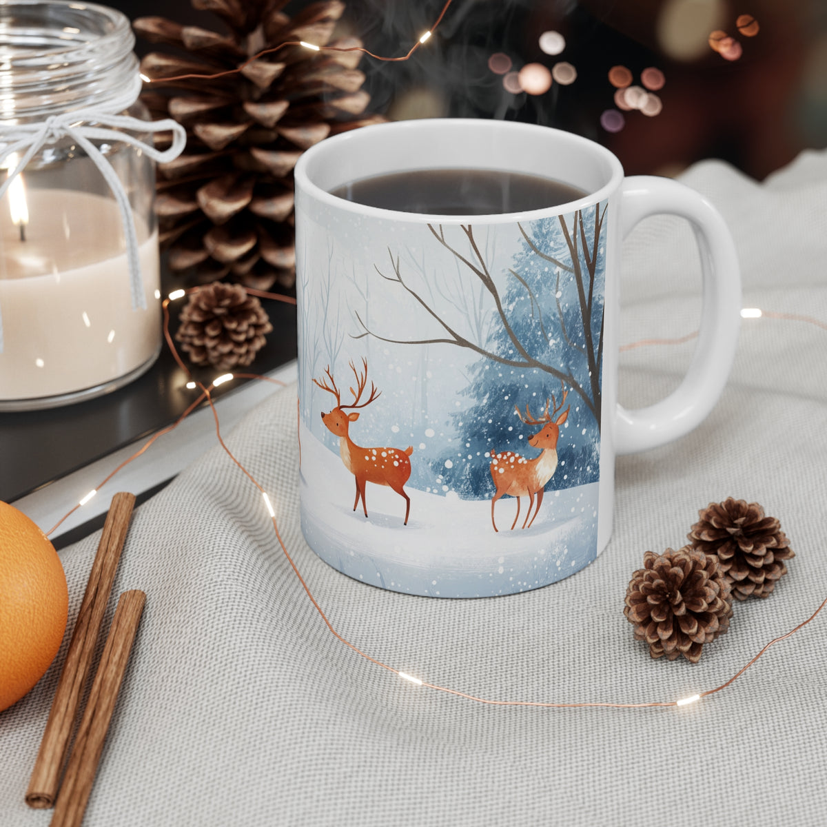 Mug Cerfs dans la Forêt Enneigée – Tasse Hiver Style Aquarelle – Cadeau Original Noël Nature et Animaux