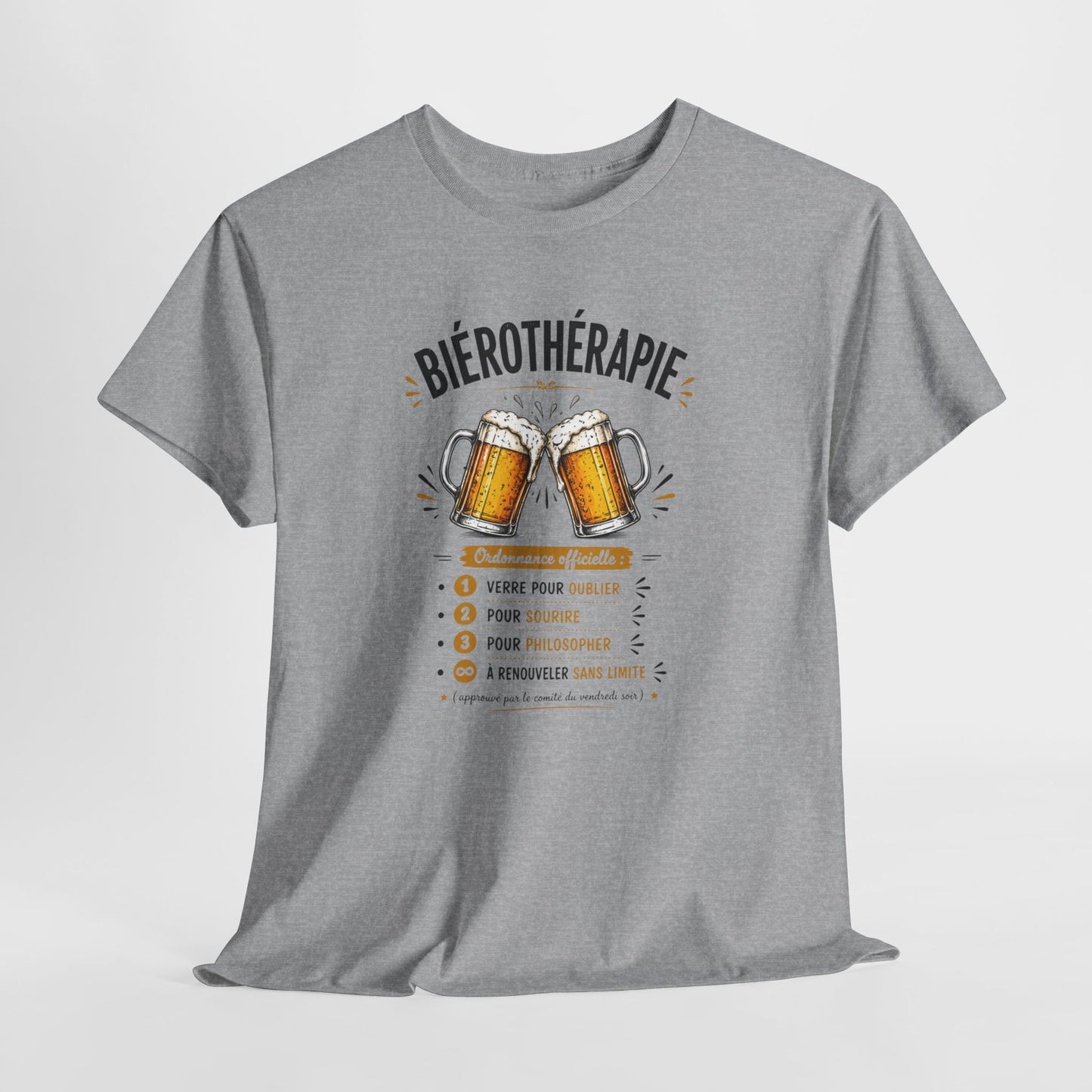 T-Shirt Biérothérapie Homme Femme – Tee Shirt Humour Bière Apéro – Cadeau Drôle Amateur Bière Soirée Noir Blanc Gris