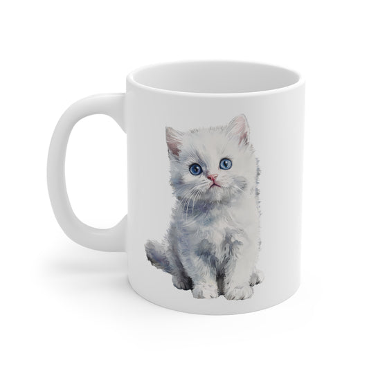 Tasse Chat Blanc Aquarelle – Mug Céramique 325 ml – Cadeau Élégant pour Amoureux des Chats