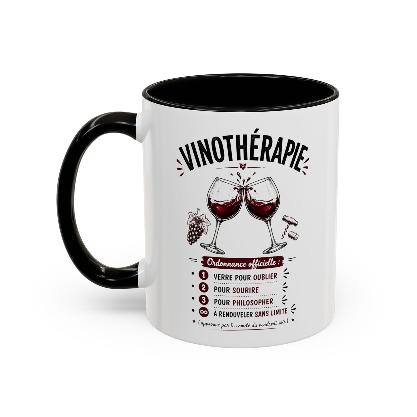 Mug Vinothérapie Drôle – Tasse Humour Vin Rouge et Apéro – Cadeau Original Amateur de Vin – Céramique 325ml Noir Bleu Rouge