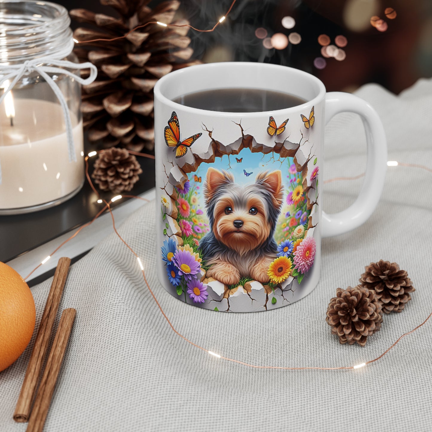 Tasse Céramique Yorkshire et Fleurs – Mug Chien Mignon Papillons – Cadeau Animaux Bohème 325ml