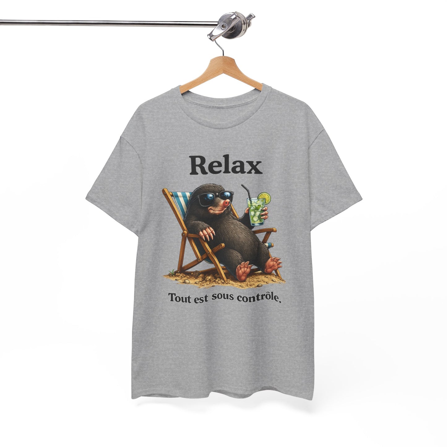 T-Shirt Humour Homme et Femme – Taupe Relax Détente Vacances – Animal Drôle avec Lunettes – Cadeau Original – Blanc et Gris