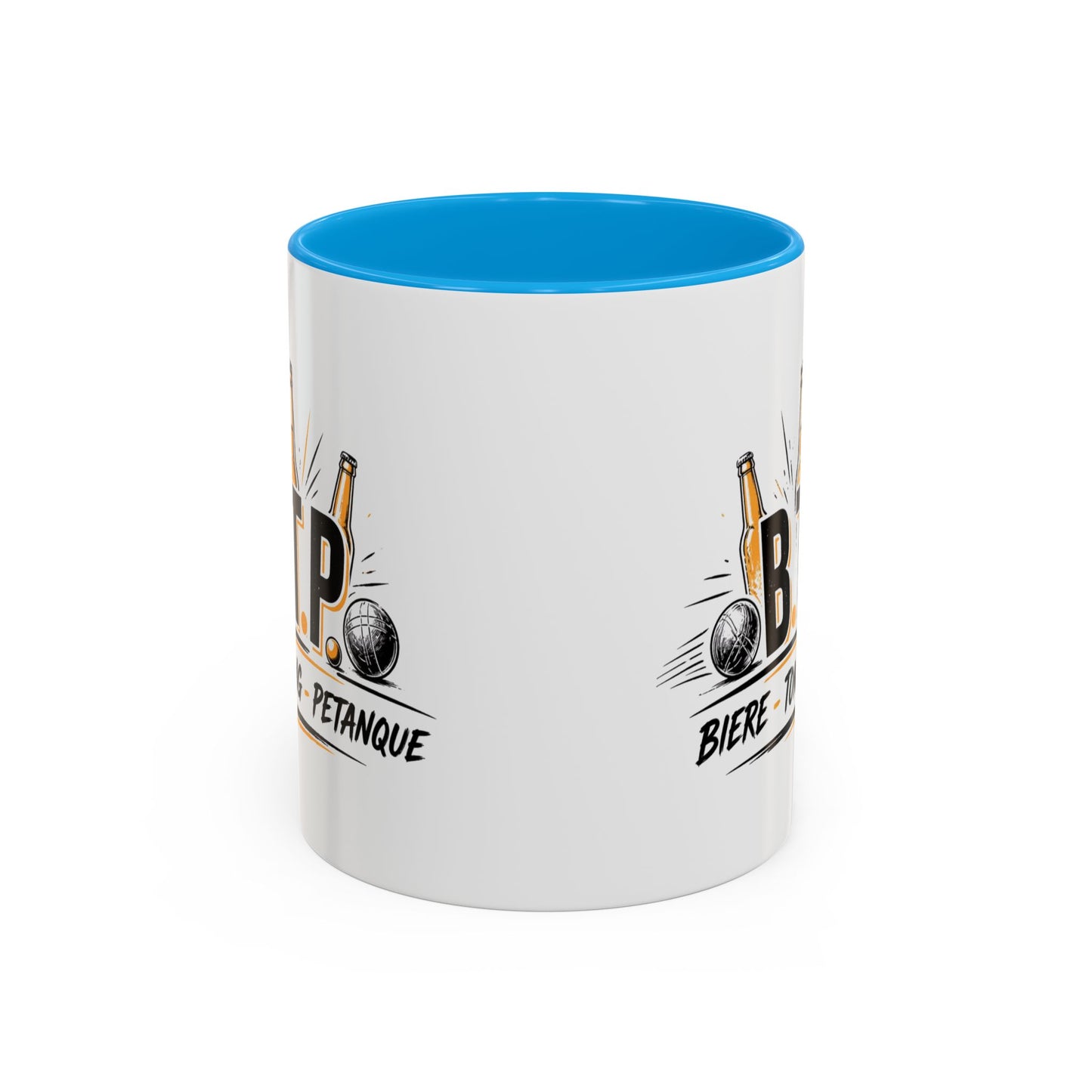 Mug B.T.P. Humoristique – Tasse Bière Tong Pétanque – Cadeau Original Apéro et Pétanque – Céramique 325ml Noir Bleu Rouge