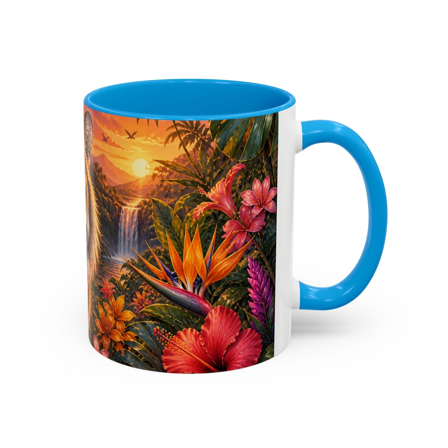 Tasse Tigre Tropical – Mug Jungle avec Tigre Majestueux, Fleurs Exotiques et Cascade au Soleil Couchant – Design Safari 325ml