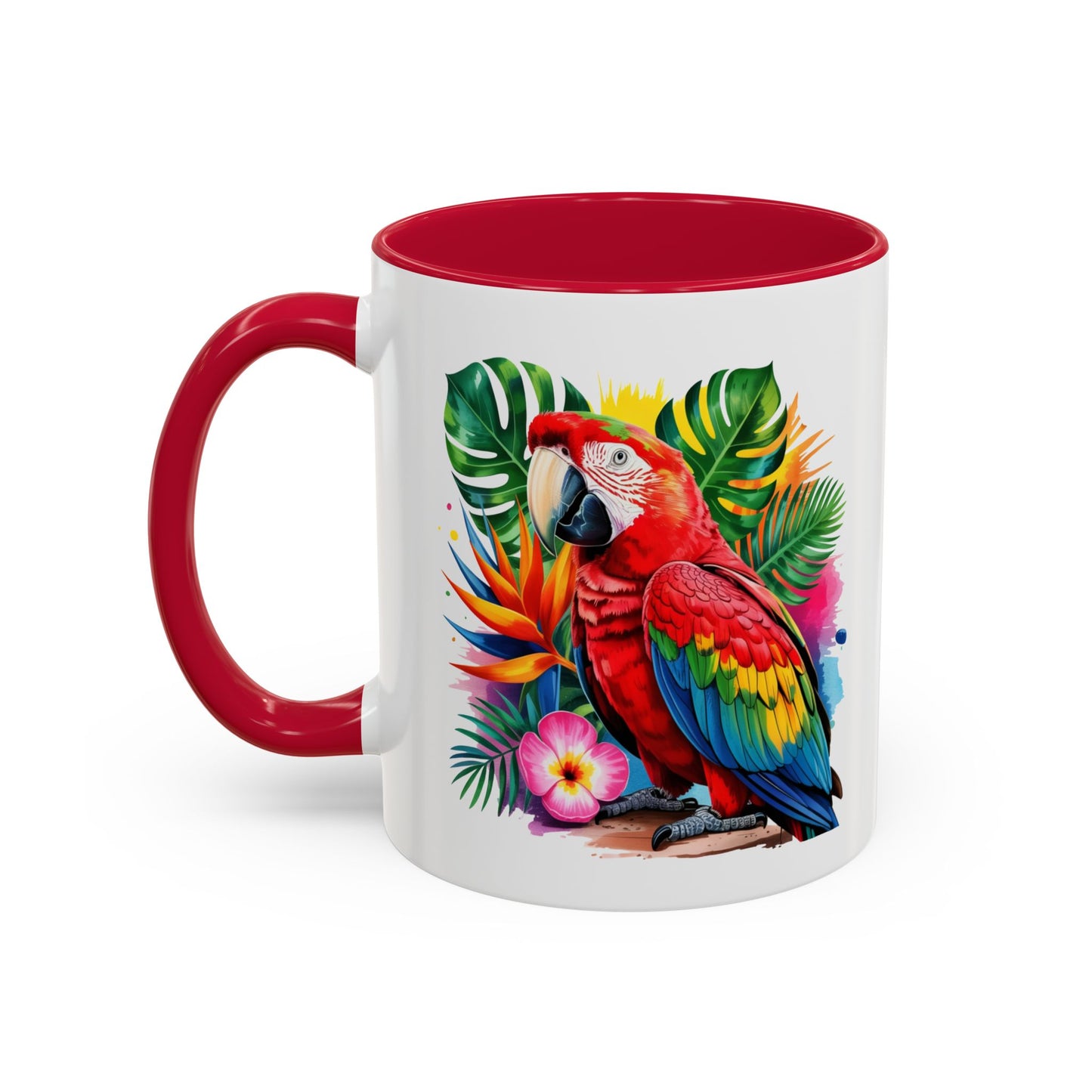 Mug Perroquet Ara Rouge – Tasse Tropicale avec Feuilles Exotiques et Fleurs – Cadeau Nature 325ml
