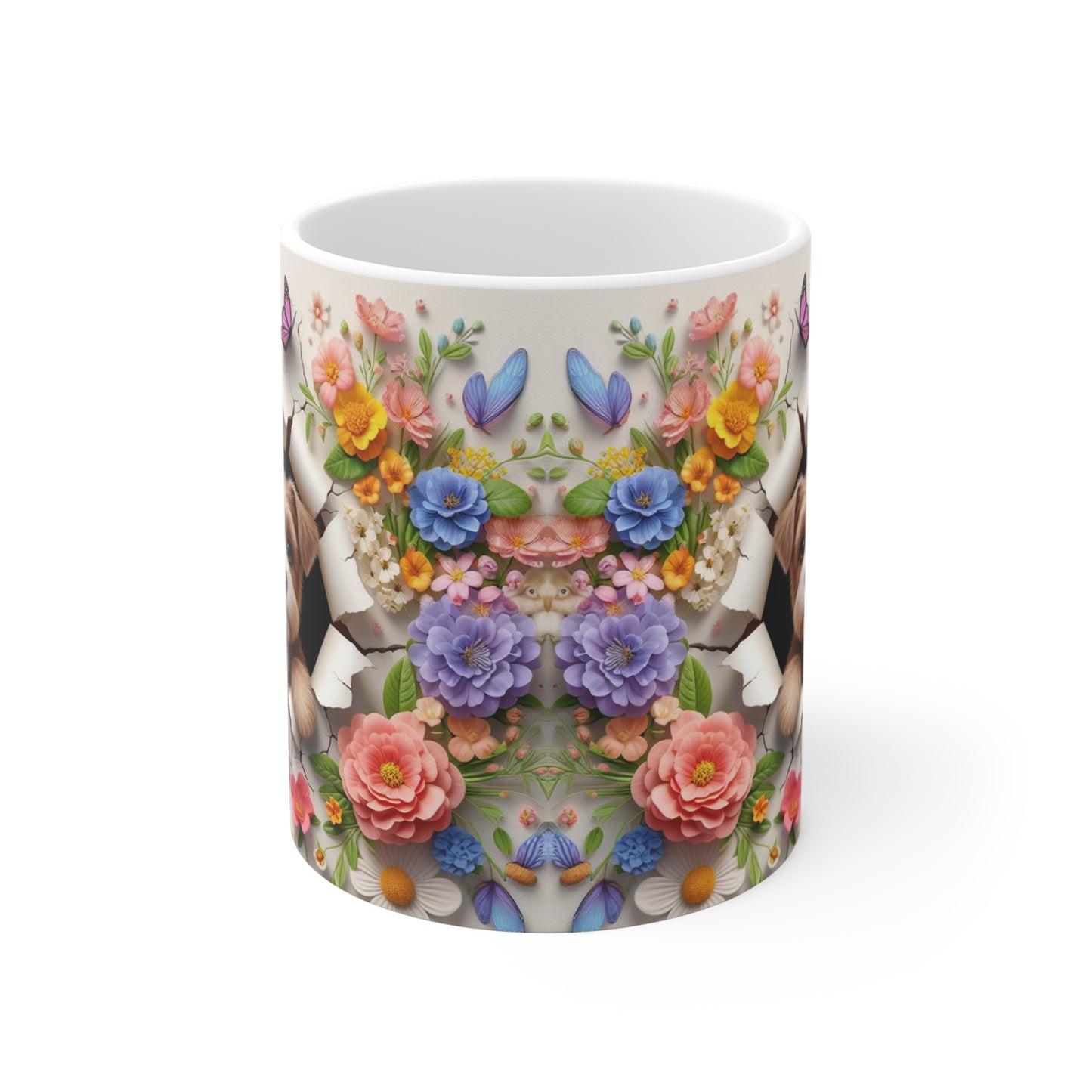 Tasse Céramique Chiot Terrier et Fleurs – Mug Chien Mignon Papillons – Cadeau Animaux Bohème 325ml