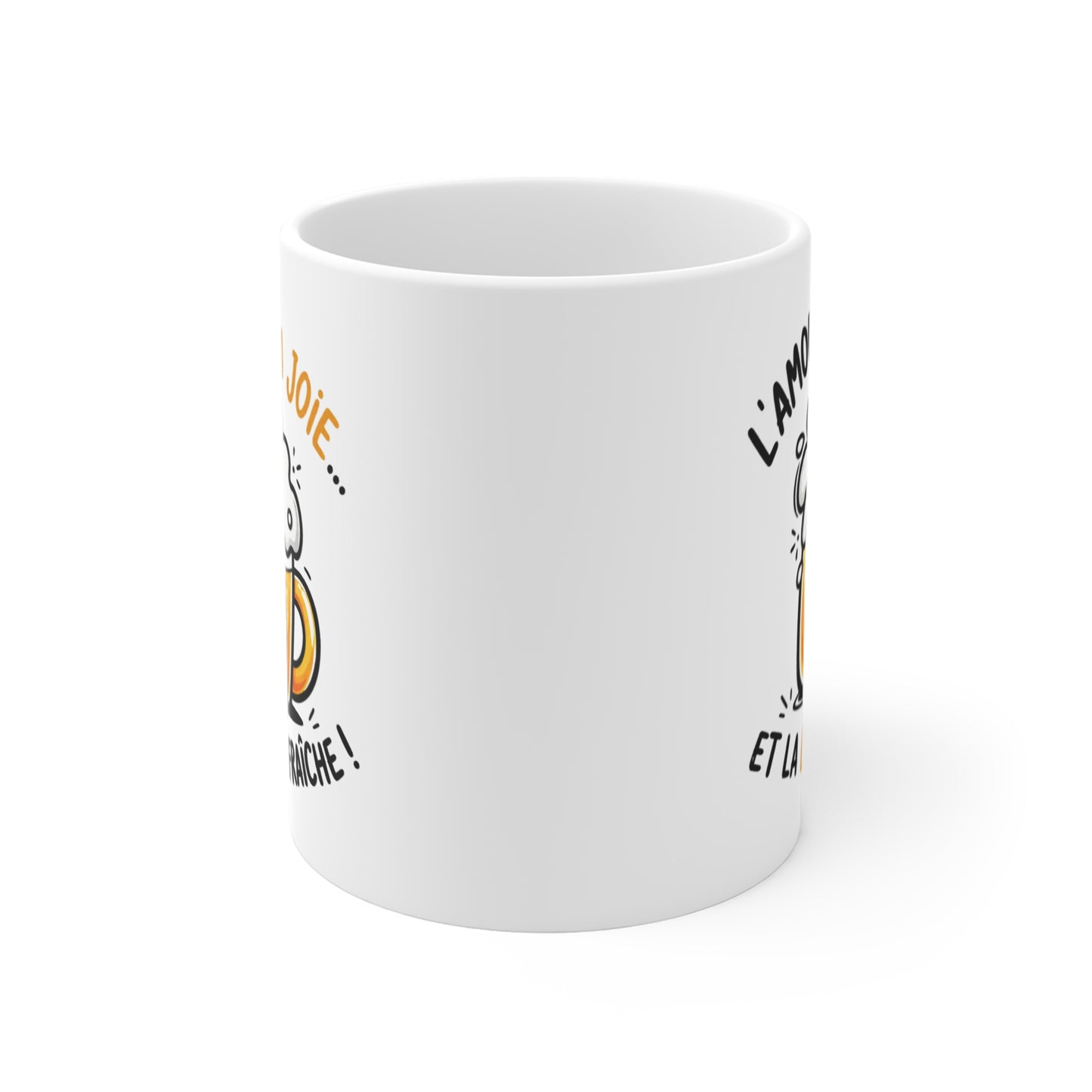 Tasse L’Amour La Joie et la Bière Fraîche – Mug Humour Apéro – Cadeau Drôle Homme Femme 325ml