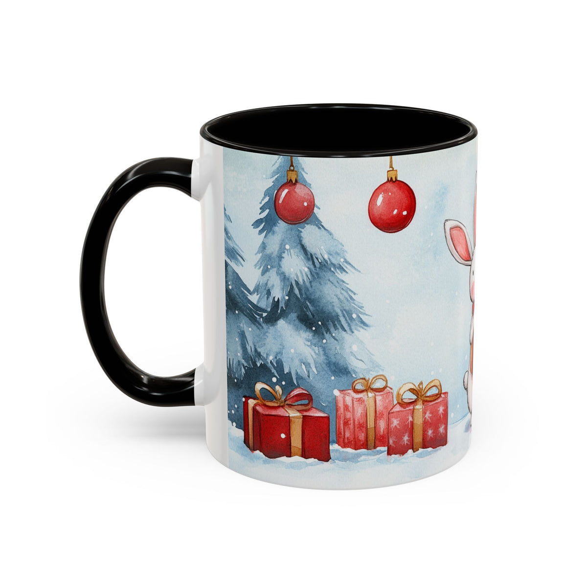 Mug Lapin de Noël avec Cadeaux – Tasse Hiver Sapins Enneigés Style Aquarelle – Cadeau de Noël Homme Femme noir bleu rouge