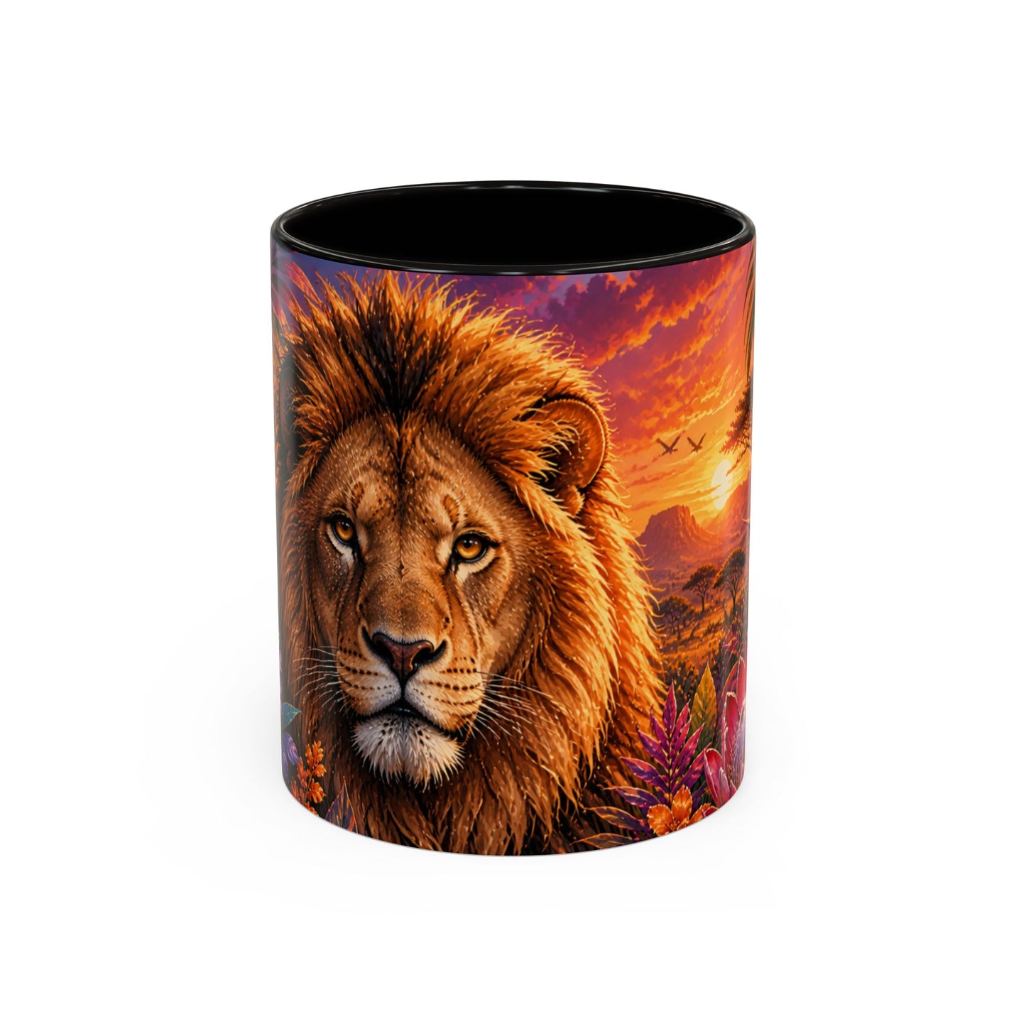 Tasse Lion Tropical – Mug Safari avec Lion Majestueux, Fleurs Exotiques et Couché de Soleil Africain – Design Jungle 325ml