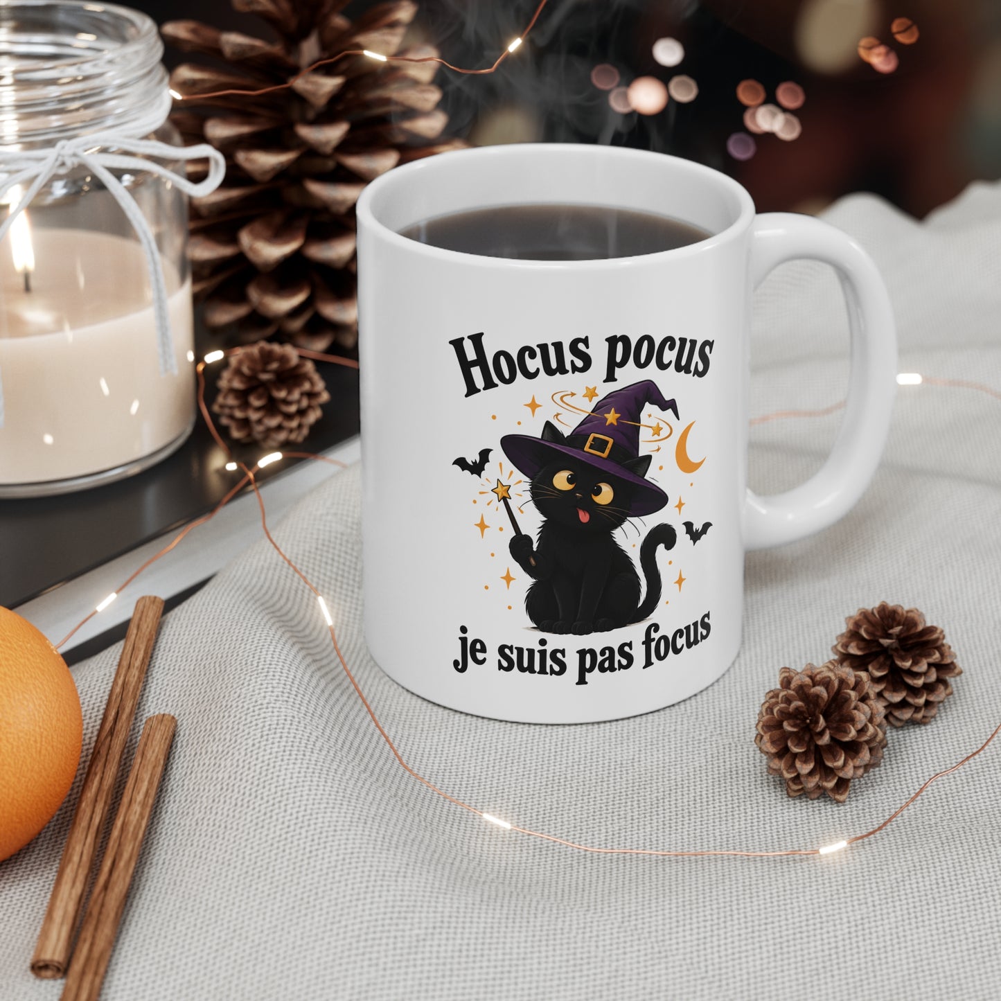 Mug Chat Noir Sorcier – Tasse Humour « Hocus Pocus Je Suis Pas Focus » – Cadeau Original Chat Magie Sorcière Halloween