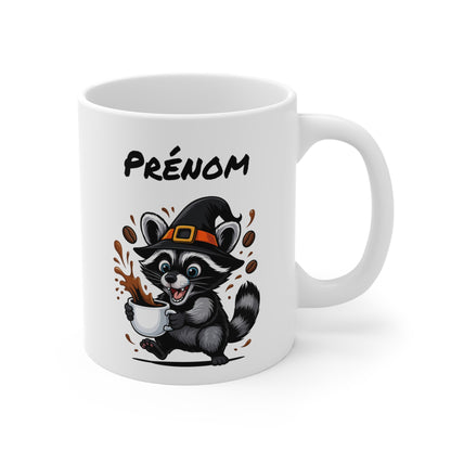 Tasse Personnalisable Raton Laveur Sorcier Café – Mug Prénom Céramique 325ml – Cadeau Drôle Halloween Animal Illustré