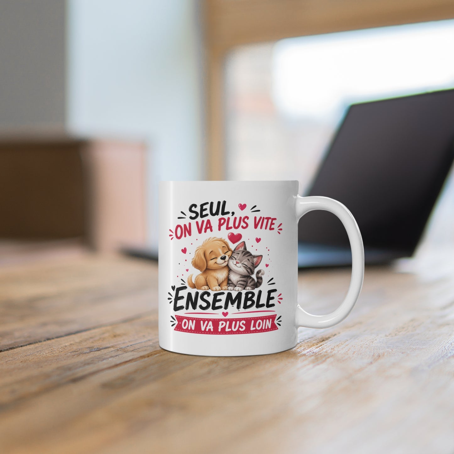 Tasse Seul On Va Plus Vite Ensemble On Va Plus Loin – Mug Chien Chat Homme Femme Enfant – Cadeau Amitié 325ml