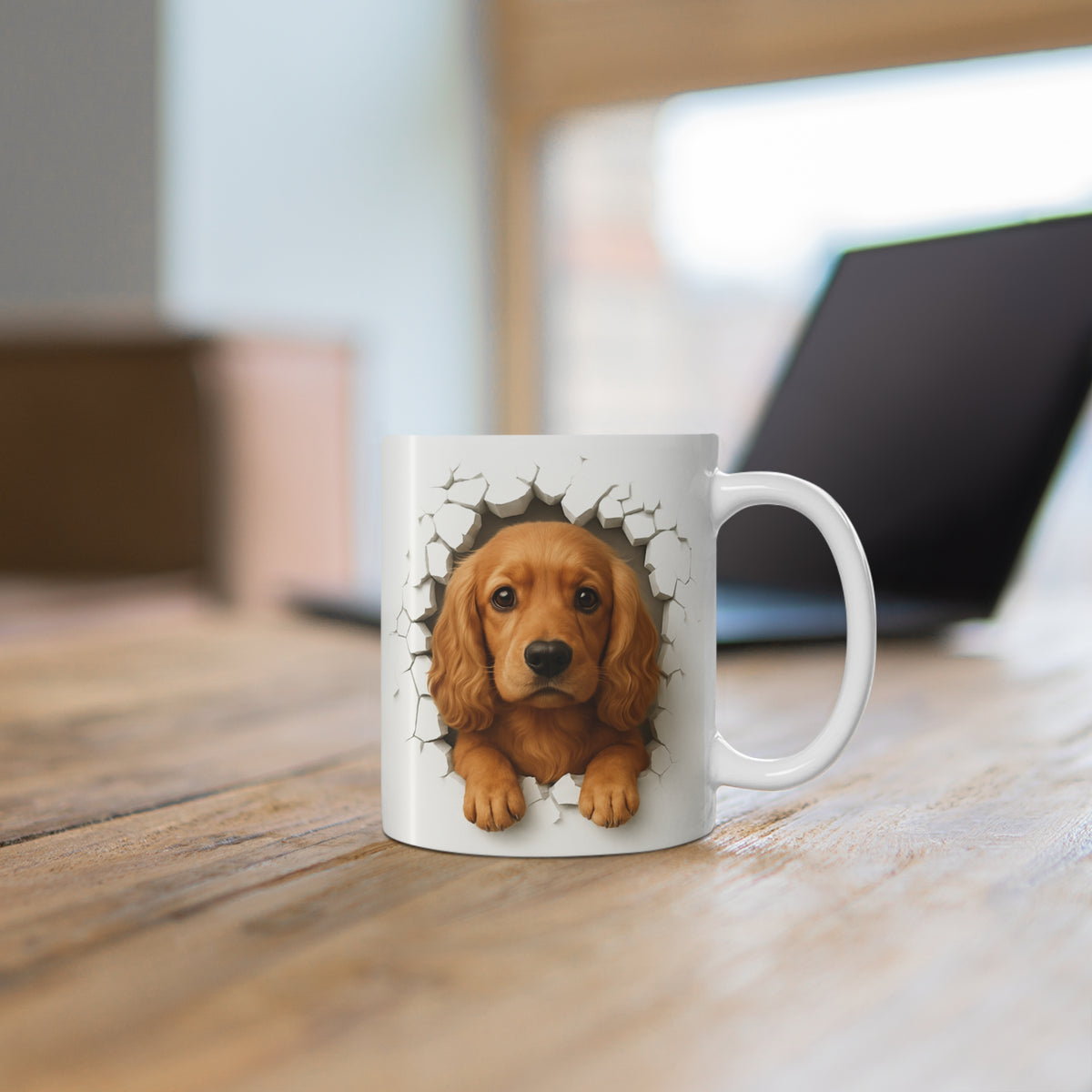 Mug Cocker Anglais Roux Effet Mur Cassé – Tasse Chien 3D Trompe-l’œil – Cadeau Original Amoureux du Cocker