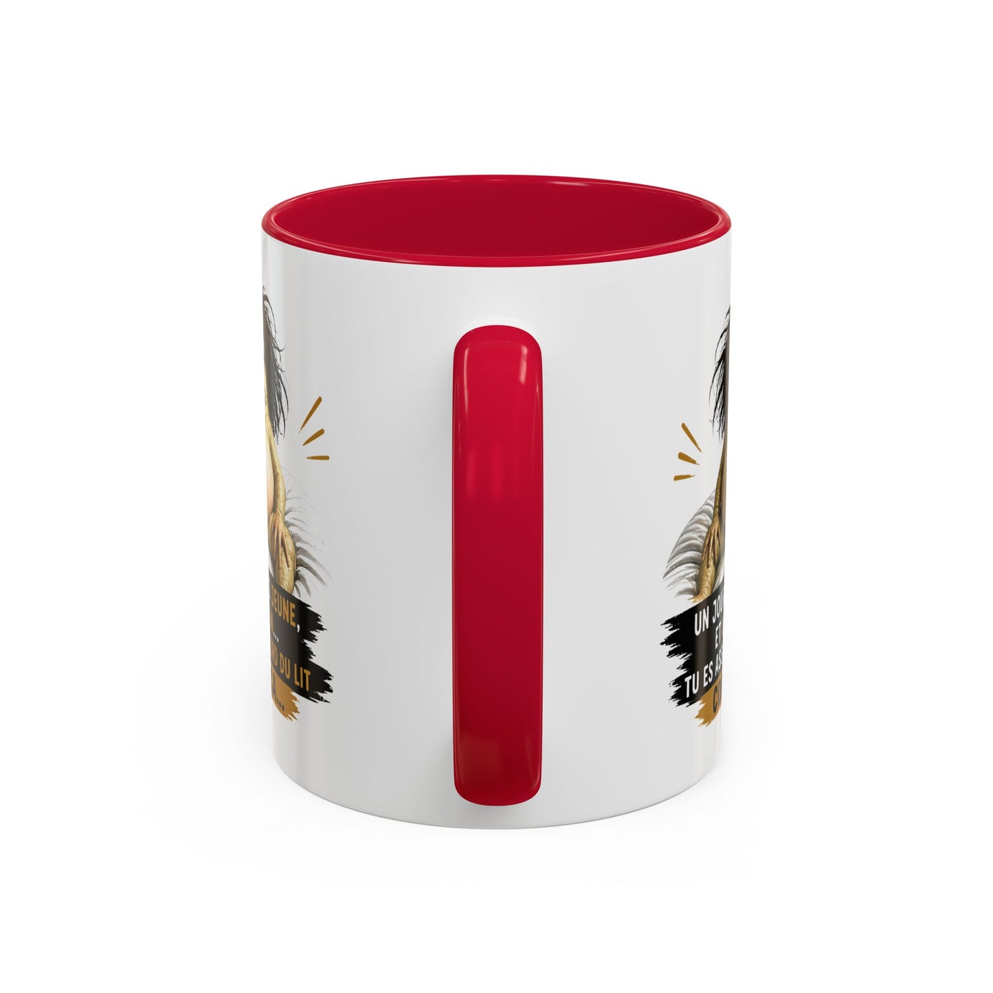 Mug Humour Vieillesse – Un Jour Tu Es Jeune et Un Matin Tu Es Assis au Bord du Lit Comme Ça – Tasse Drôle Originale Céramique 325ml Noir Bleu Rouge