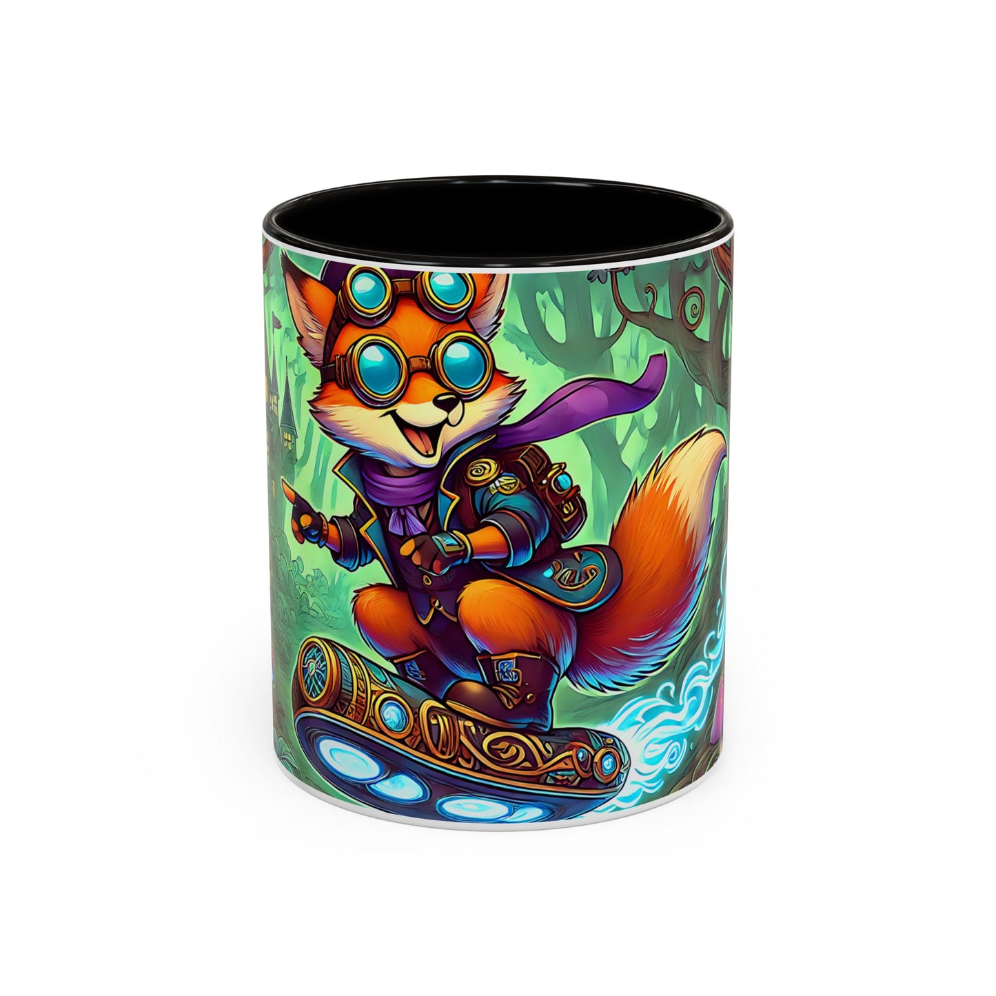 Mug Renard Steampunk – Tasse Fantasy avec Renard Aventurier et Hoverboard Magique – Cadeau Geek et Univers Fantastique 325ml
