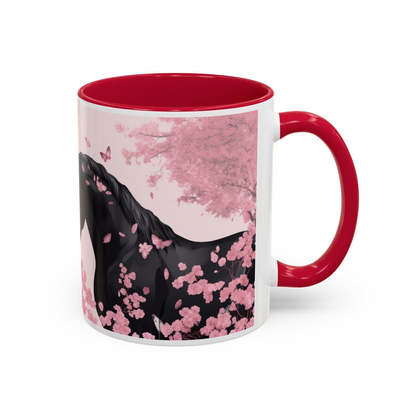 Mug Chevaux Sakura – Tasse Cheval Noir et Blanc avec Fleurs de Cerisier Roses – Cadeau Passion Cheval 325ml