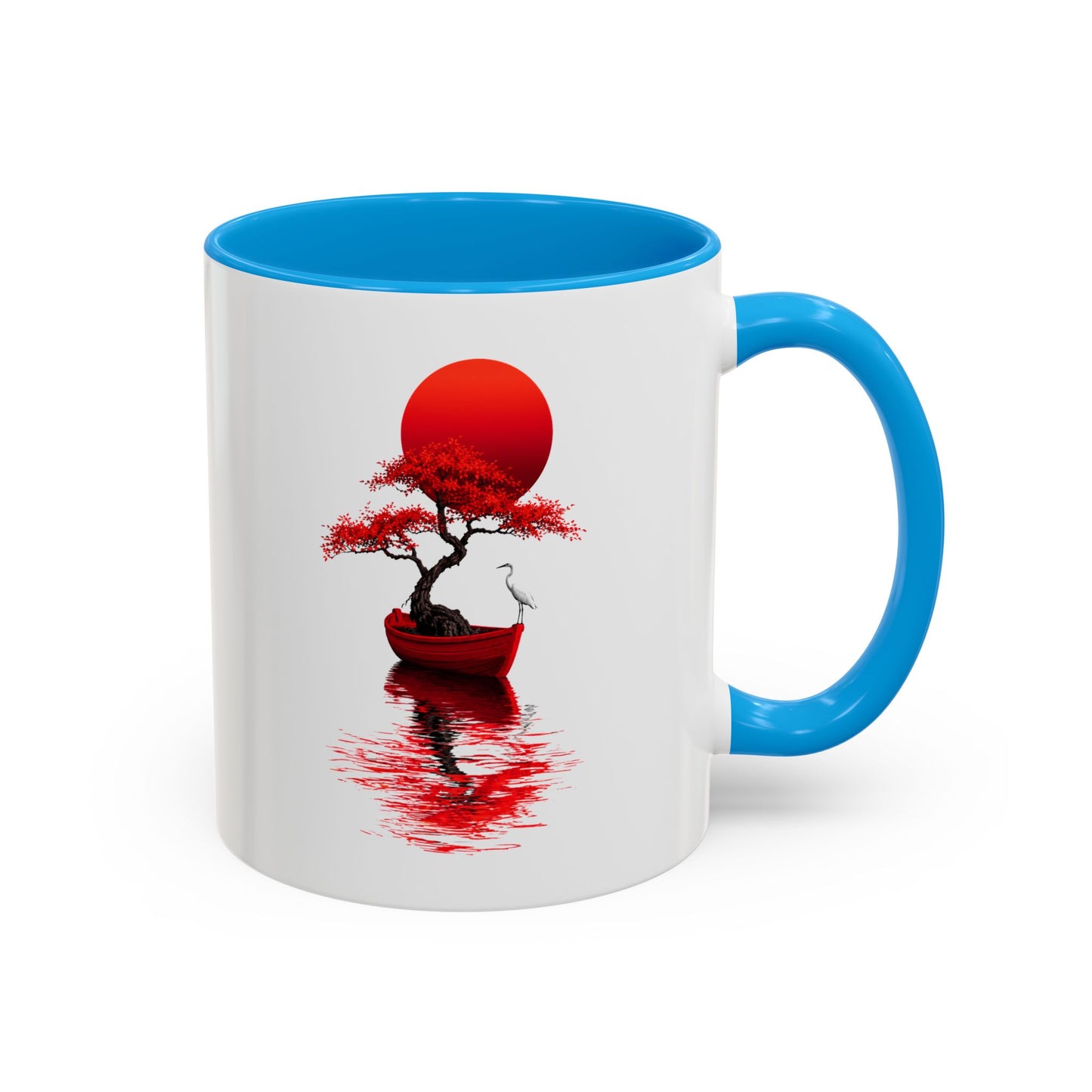 Mug Japonais Paysage Zen – Tasse Arbre Rouge Soleil et Bateau – Décoration Asiatique Nature – Cadeau Homme et Femme Noir Bleu Rouge