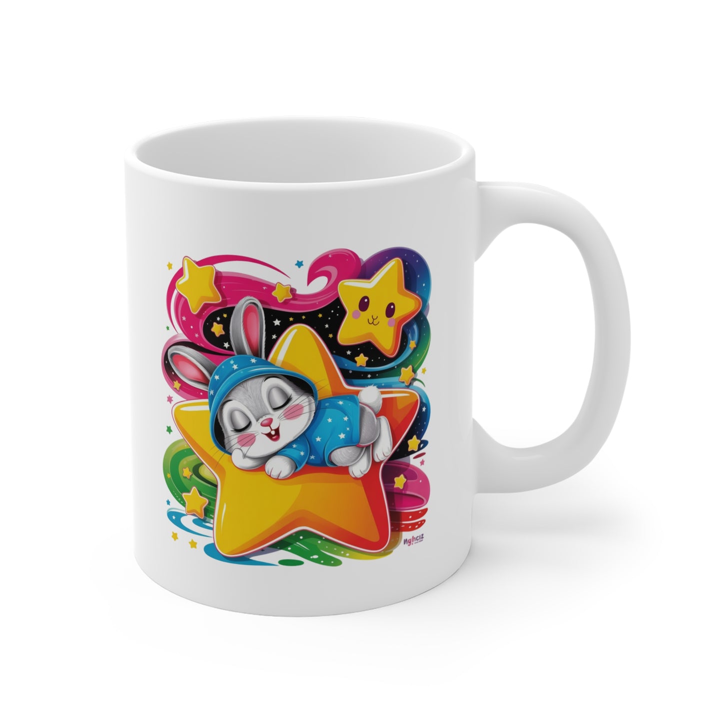 Mug Lapin Kawaii Dormeur sur Étoile – Tasse Arc-en-Ciel Féérique – Design Nuit Magique et Cute – Cadeau Original Enfant et Amoureux du Kawaii – Céramique 325ml