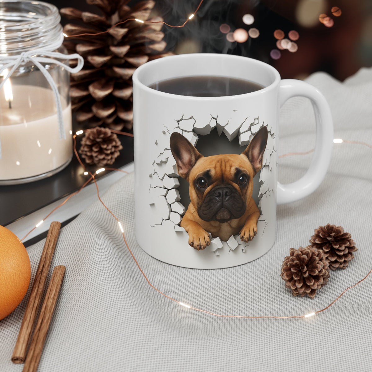 Mug Bouledogue Français Fauve Effet Mur Cassé – Tasse Chien 3D Trompe-l’œil – Cadeau Original Amoureux du Bouledogue Français
